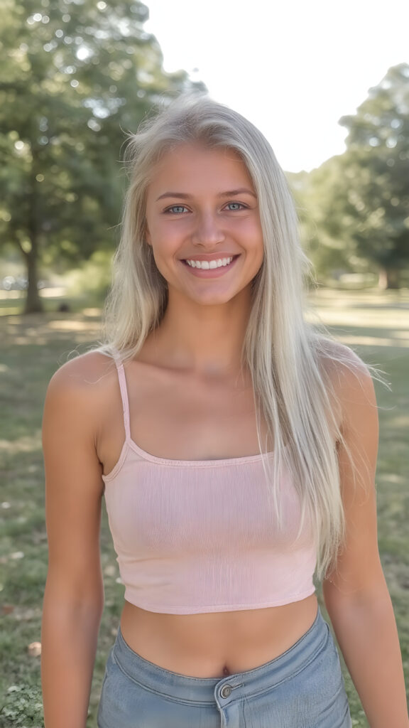 ((full body view)) of a beautiful young teen girl, with perfectly straight white teeth, and perfectly aligned eyes, in a bright summer day at the park. She's happy and smiling, with a flawless complexion and perfectly made-up eyes, that stand out against her beautifully proportioned figure. Her long, straight white hair cascades down her back, while her perfectly proportioned legs command attention. She wears a very tight, belly-free cropped tank top, which accentuates her slender frame. Her smile is bright blue and cheerful, and her eyes stand out against her perfectly proportioned face