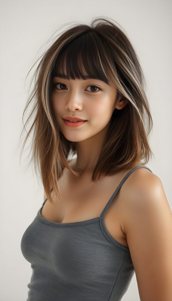 ((full body view)) of (((cute))) (((elegant))) ((attractive)) (((long, messy, straight hair))) ((stunning)) a beautifully realistic, cinematic lights, teen girl, bangs haircut, detailed hazelnut hair and white highlights, realistic detailed angelic round face, ((realistic detailed brown eye)) looks very happy at the camera, portrait shot, perfect curved, wears a super short tight (grey tank top), perfect anatomy, white background, side perspective, ((no background))