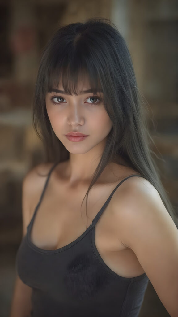 ((full body view)) of (((cute))) (((elegant))) ((attractive)) ((stunning)) ((female model)) hyper realistic, dynamic photography of beautiful cute teen girl, with detailed long full black hair, realistic and detailed eyes, looking sadly into the camera, wears tight tank top, super short round mini skirt, perfect curved body, dynamic cinematic lights, full body shot, exotic perfect detailed face, ultra hyper detailed, side view