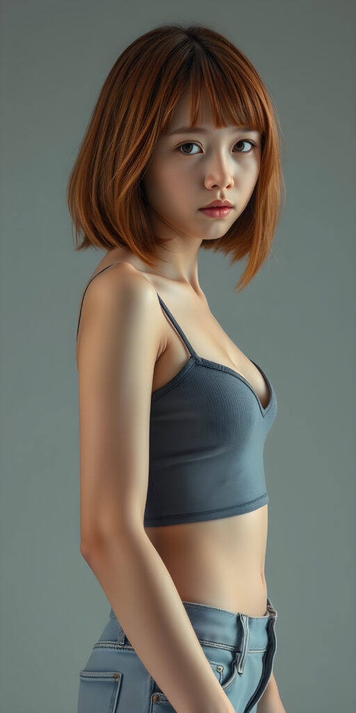((full body view)) of (((cute))) (((elegant))) ((attractive)) (((straight open soft hair, same length right and left, bob cut))) ((stunning)) a beautifully realistic, cinematic lights, well busty teen girl, bangs haircut, detailed red hair, realistic detailed angelic face, ((realistic detailed brown eye)) looks sadly at the camera, perfect curved, wears a super short tight plain and flat (grey cropped spaghetti tank top, deep v-neck), super short jeans pants, perfect anatomy, light grey background
