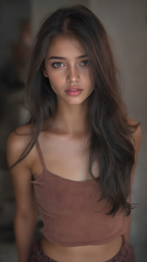 ((full body view)) of (((cute))) (((elegant))) ((attractive)) ((stunning)) ((female model)) hyper realistic, dynamic photography of beautiful cute teen girl, with detailed long full black hair, realistic and detailed eyes, looking sadly into the camera, wears tight tank top, super short round mini skirt, perfect curved body, dynamic cinematic lights, full body shot, exotic perfect detailed face, ultra hyper detailed, side view