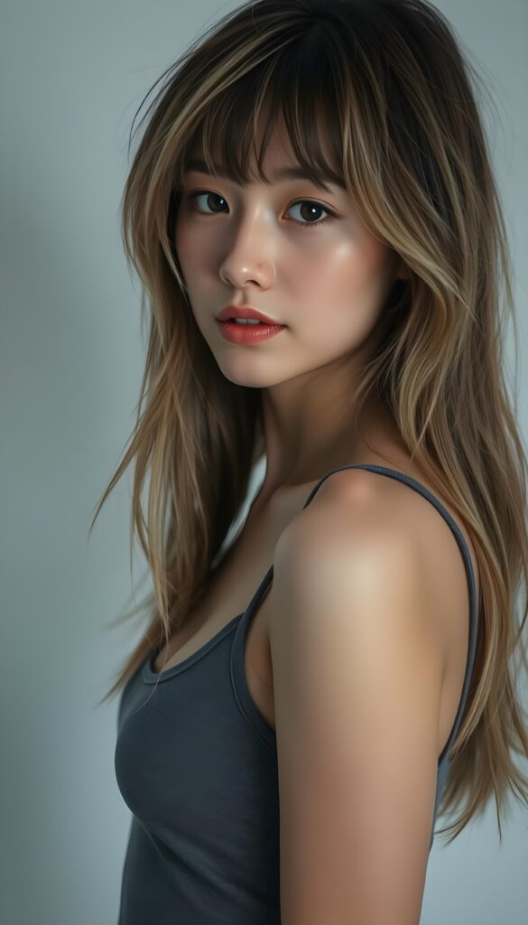 ((full body view)) of (((cute))) (((elegant))) ((attractive)) (((long, messy, straight hair))) ((stunning)) a beautifully realistic, cinematic lights, teen girl, bangs haircut, detailed hazelnut hair and white highlights, realistic detailed angelic round face, ((realistic detailed brown eye)) looks very happy at the camera, portrait shot, perfect curved, wears a super short tight (grey tank top), perfect anatomy, white background, side perspective, ((no background))