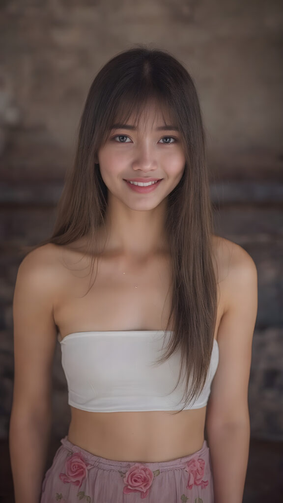 ((full body view)) of a (((beautiful, cute and elegant female Asian teen model))) with (((long, detailed straight maroon hair))), (((white short cropped spaghetti tank top))), showcasing her full figure with a (((warm smile))), (((looking at viewer))), in a (((break depth of field backdrop))), which gives the scene a luxurious, high end feel and a (((matching (long skirt) with embroidered rose patterns on the bottom))), that gives off a whimsically elegant vibe.