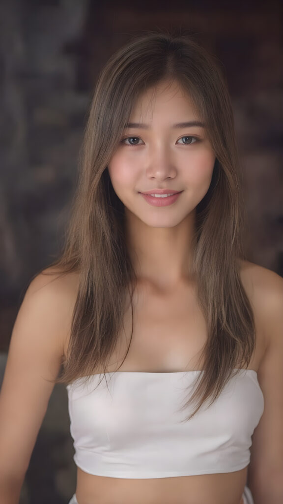 ((full body view)) of a (((beautiful, cute and elegant female Asian teen model))) with (((long, detailed straight maroon hair))), (((white short cropped spaghetti tank top))), showcasing her full figure with a (((warm smile))), (((looking at viewer))), in a (((break depth of field backdrop))), which gives the scene a luxurious, high end feel and a (((matching (long skirt) with embroidered rose patterns on the bottom))), that gives off a whimsically elegant vibe.