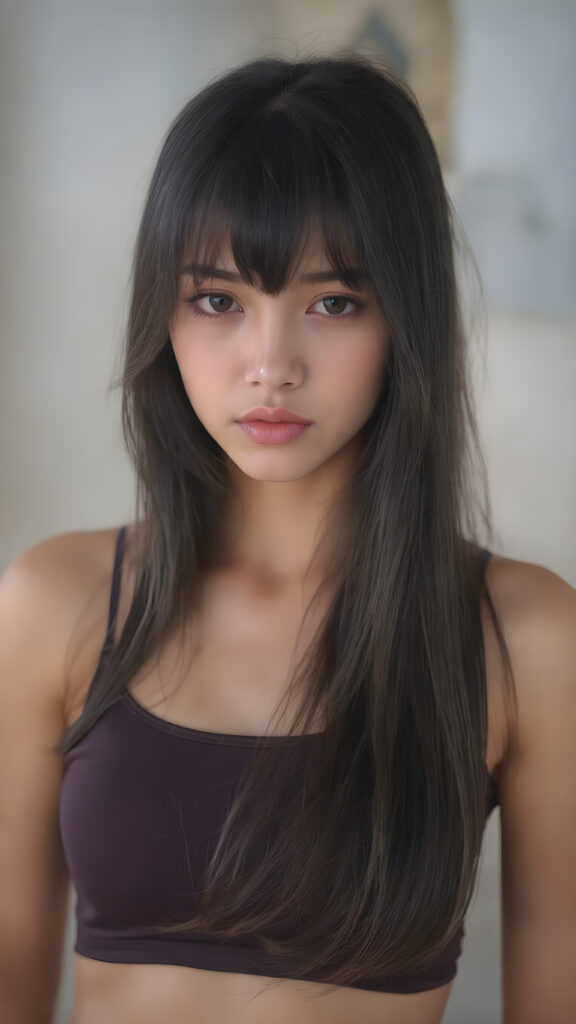 ((full body view)) of (((cute))) (((elegant))) ((attractive)) ((stunning)) ((female model)) hyper realistic, dynamic photography of beautiful cute teen girl, with detailed long full black hair, realistic and detailed eyes, looking sadly into the camera, wears tight tank top, super short round mini skirt, perfect curved body, dynamic cinematic lights, full body shot, exotic perfect detailed face, ultra hyper detailed, side view