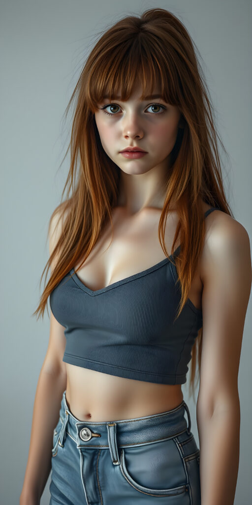 ((full body view)) of (((cute))) (((elegant))) ((attractive)) (((long, messy, wavy hair, same length right and left))) ((stunning)) a beautifully realistic, cinematic lights, well busty teen girl, bangs haircut, detailed red hair, realistic detailed angelic face, ((realistic detailed brown eye)) looks sadly at the camera, perfect curved, wears a super short tight (grey cropped spaghetti tank top, deep v-neck), super short jeans pants, perfect anatomy, light grey background