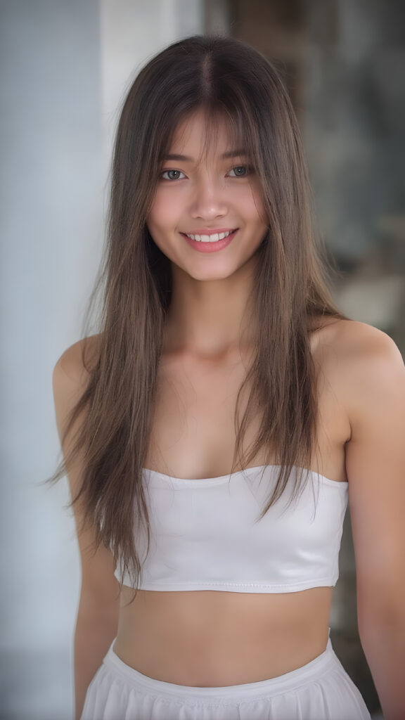 ((full body view)) of a (((beautiful, cute and elegant female Thai teen model))) with (((long, detailed straight maroon hair))), (((white short cropped spaghetti tank top))), showcasing her full figure with a (((warm smile))), (((looking at viewer))), in a (((break depth of field backdrop))), which gives the scene a luxurious, high end feel and a (((matching (long white skirt), that gives off a whimsically elegant vibe, she smile