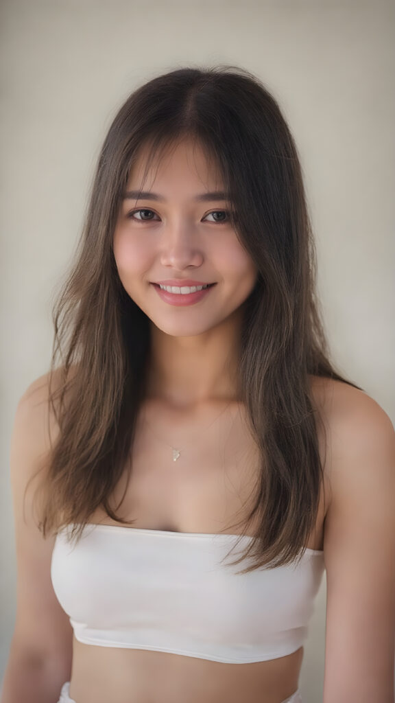 ((full body view)) of a (((beautiful, cute and elegant female Thai teen model))) with (((long, detailed straight maroon hair))), (((white short cropped spaghetti tank top))), showcasing her full figure with a (((warm smile))), (((looking at viewer))), in a (((break depth of field backdrop))), which gives the scene a luxurious, high end feel and a (((matching (long white skirt), that gives off a whimsically elegant vibe, she smile
