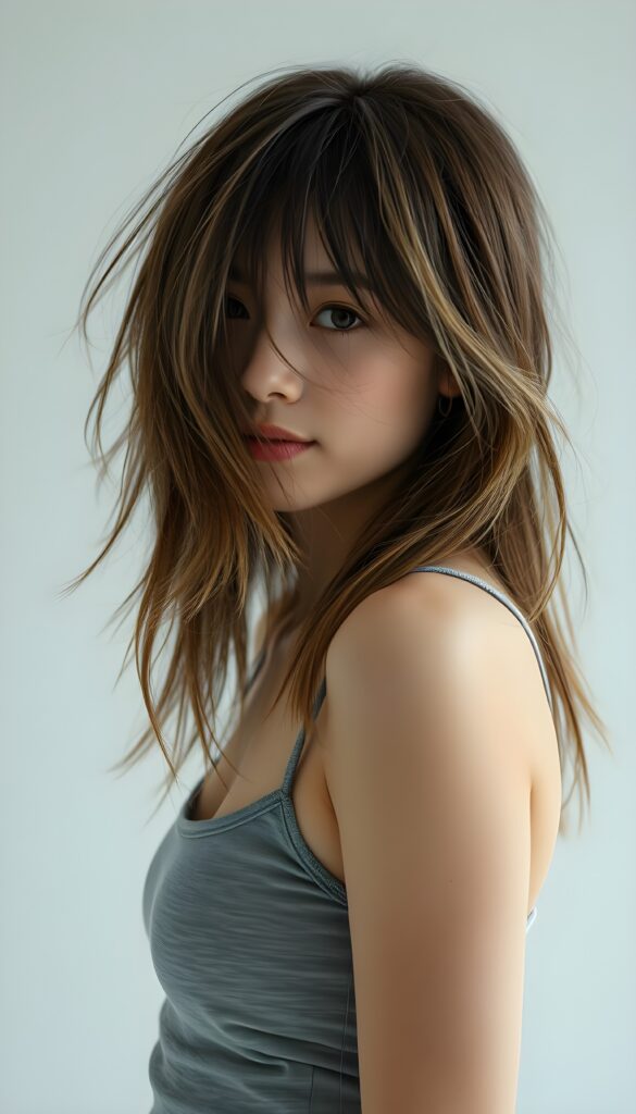 ((full body view)) of (((cute))) (((elegant))) ((attractive)) (((long, messy, straight hair))) ((stunning)) a beautifully realistic, cinematic lights, teen girl, bangs haircut, detailed hazelnut hair and white highlights, realistic detailed angelic round face, ((realistic detailed brown eye)) looks very happy at the camera, portrait shot, perfect curved, wears a super short tight (grey tank top), perfect anatomy, white background, side perspective, ((no background))