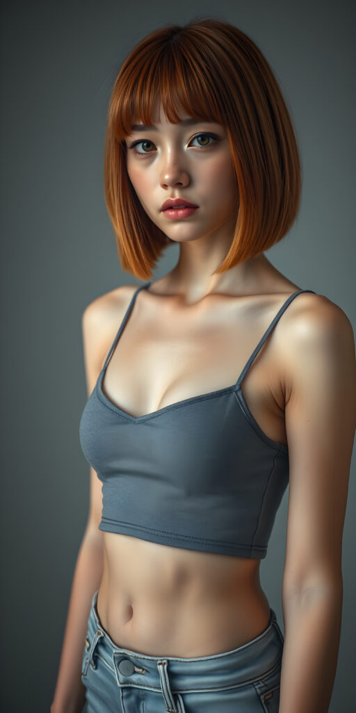 ((full body view)) of (((cute))) (((elegant))) ((attractive)) (((straight open soft hair, same length right and left, bob cut))) ((stunning)) a beautifully realistic, cinematic lights, well busty teen girl, bangs haircut, detailed red hair, realistic detailed angelic face, ((realistic detailed brown eye)) looks sadly at the camera, perfect curved, wears a super short tight plain and flat (grey cropped spaghetti tank top, deep v-neck), super short jeans pants, perfect anatomy, light grey background