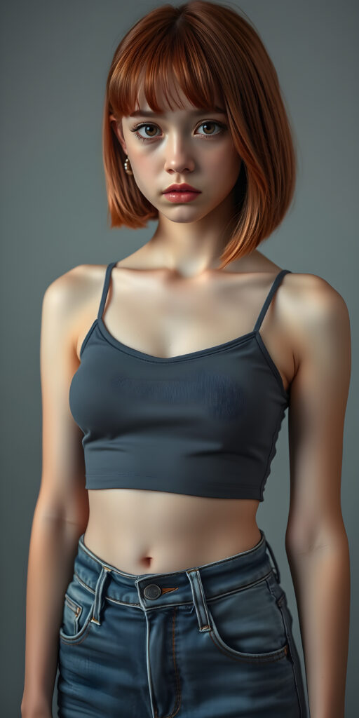 ((full body view)) of (((cute))) (((elegant))) ((attractive)) (((straight open soft hair, same length right and left, bob cut))) ((stunning)) a beautifully realistic, cinematic lights, well busty teen girl, bangs haircut, detailed red hair, realistic detailed angelic face, ((realistic detailed brown eye)) looks sadly at the camera, perfect curved, wears a super short tight plain and flat (grey cropped spaghetti tank top, deep v-neck), super short jeans pants, perfect anatomy, light grey background