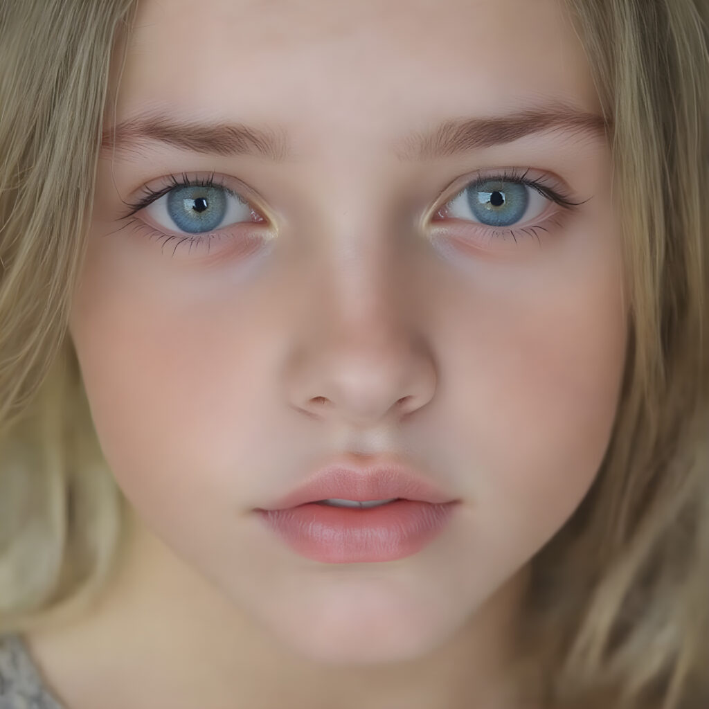 full face of a young girl, green emerald eyes, perfect black eyebrows, full plump kissable lips, symmetrical nose, flawless skin, makeup, eyeliner, beautiful lips and brows, straight blond and brown hair frame her angelic round face