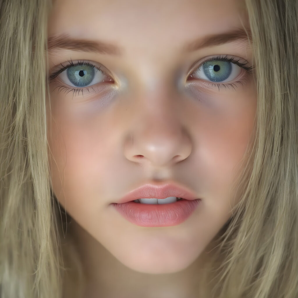 full face of a young girl, green emerald eyes, perfect black eyebrows, full plump kissable lips, symmetrical nose, flawless skin, makeup, eyeliner, beautiful lips and brows, straight blond and brown hair frame her angelic round face