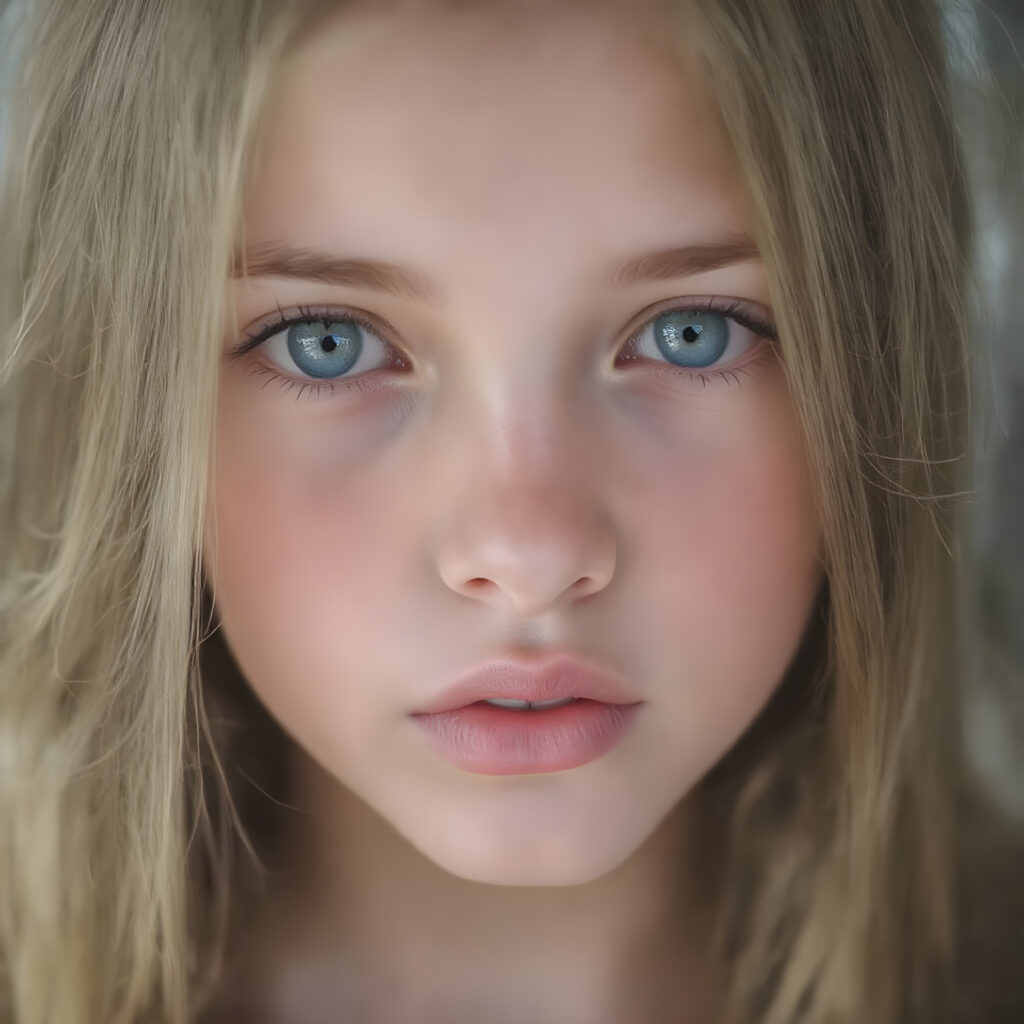 full face of a young girl, green emerald eyes, perfect black eyebrows, full plump kissable lips, symmetrical nose, flawless skin, makeup, eyeliner, beautiful lips and brows, straight blond and brown hair frame her angelic round face