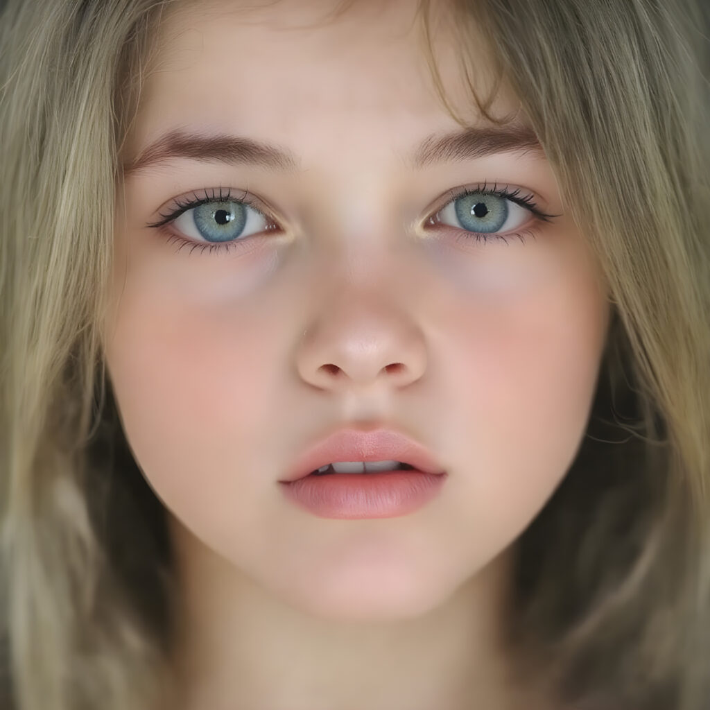 full face of a young girl, green emerald eyes, perfect black eyebrows, full plump kissable lips, symmetrical nose, flawless skin, makeup, eyeliner, beautiful lips and brows, straight blond and brown hair frame her angelic round face