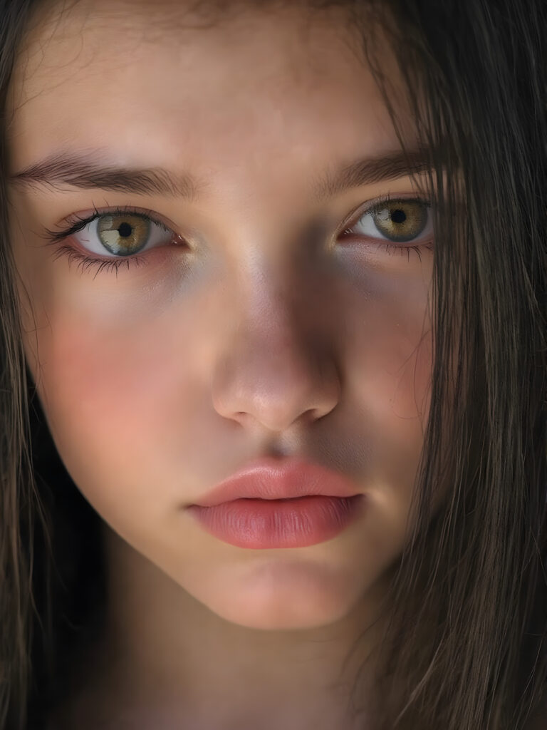 full round face of a young girl, amber eyes, perfect black eyebrows, full plump kissable lips, symmetrical nose, flawless skin, makeup, eyeliner, beautiful lips and brows, straight raven black hair