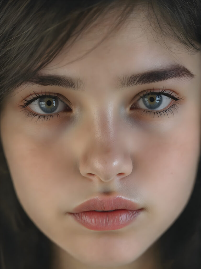 full round face of a young girl, amber eyes, perfect black eyebrows, full plump kissable lips, symmetrical nose, flawless skin, makeup, eyeliner, beautiful lips and brows, straight raven black hair
