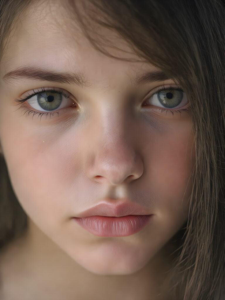 full round face of a young girl, amber eyes, perfect black eyebrows, full plump kissable lips, symmetrical nose, flawless skin, makeup, eyeliner, beautiful lips and brows, straight raven black hair
