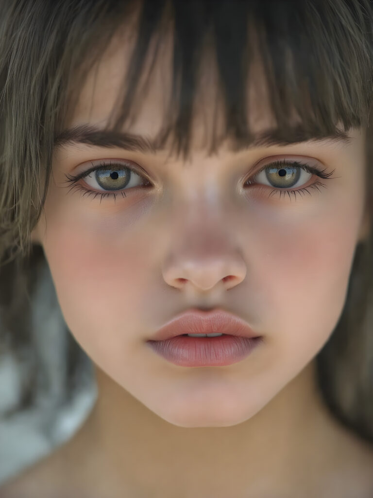 full round face of a young girl, amber eyes, perfect black eyebrows, full plump kissable lips, symmetrical nose, flawless skin, makeup, eyeliner, beautiful lips and brows, straight raven black hair