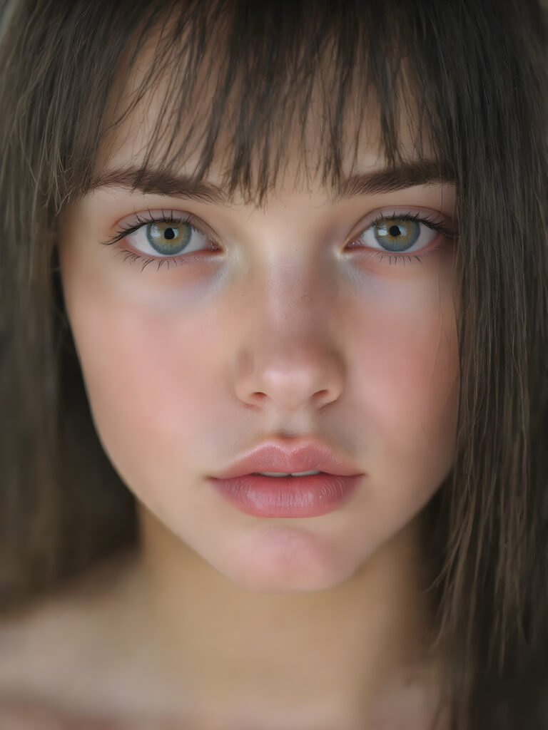 full round face of a young girl, amber eyes, perfect black eyebrows, full plump kissable lips, symmetrical nose, flawless skin, makeup, eyeliner, beautiful lips and brows, straight raven black hair