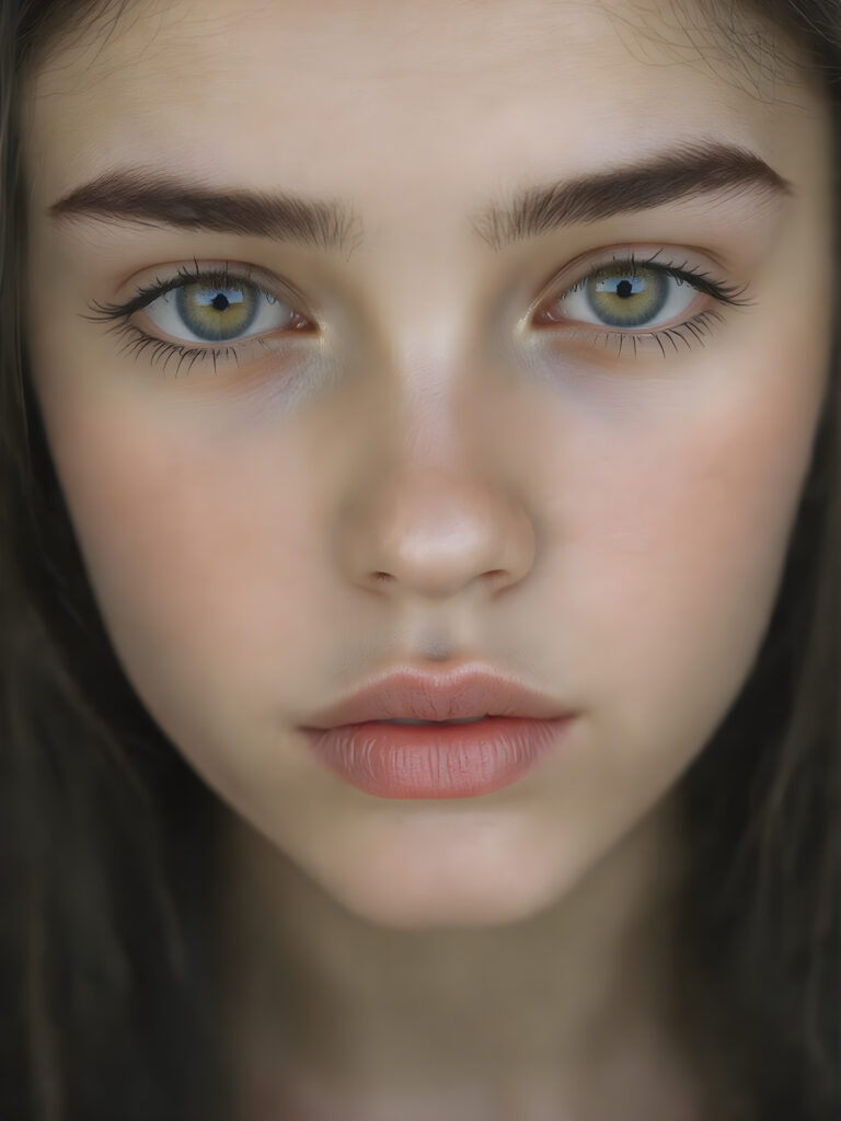 full round face of a young girl, amber eyes, perfect black eyebrows, full plump kissable lips, symmetrical nose, flawless skin, makeup, eyeliner, beautiful lips and brows, straight raven black hair