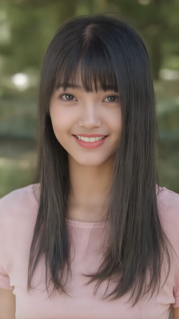 (full upper body centered portrait) of a young adult Asian teen girl with long super straight jet black hair falling down, perfect bangs cut, full red lips, her flawless silver skin is shiny. The picture captures the beauty of a young woman, the lucky girl feel the pure pleasure and she is looking very seductive to viewer, all against a natural backdrop, she is wearing a short thin t-shirt, warm smile with white teeth