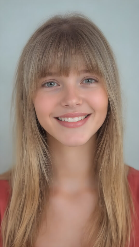 (full upper body centered portrait) of a young adult Exotic teen girl with long super soft straight jet red blond hair falling down, perfect bangs cut, full red lips, her flawless silver skin is shiny. The picture captures the beauty of a young woman, the lucky girl feel the pure pleasure and she is looking very seductive to viewer, all against a grey backdrop, she is wearing a short thin t-shirt, warm smile with white teeth