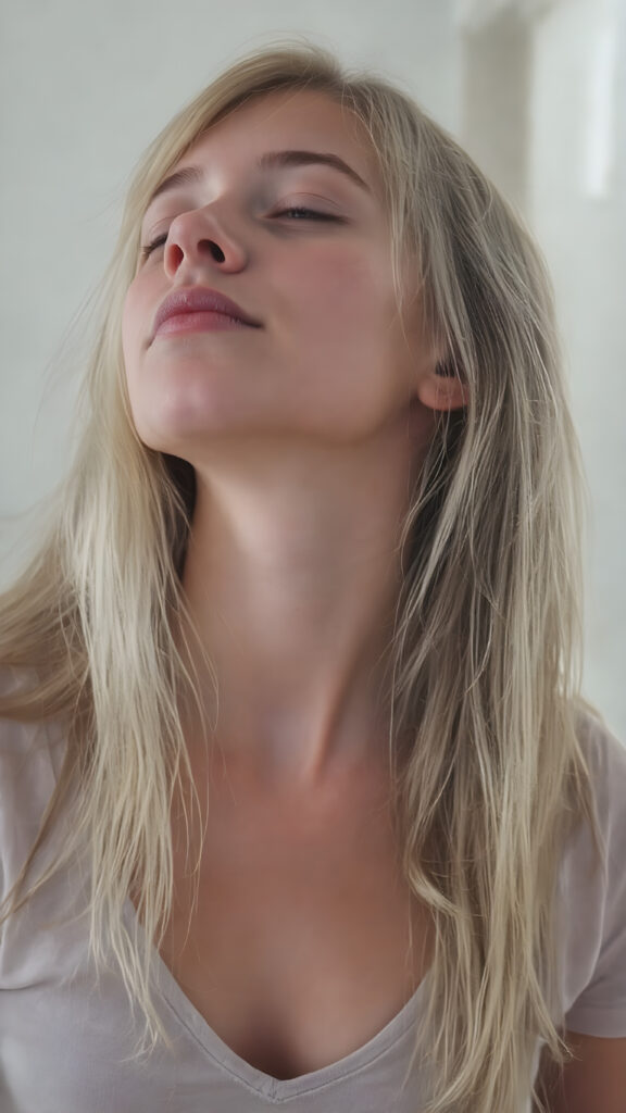 (full upper body side view) of a young teen girl with long white hair falling down her back looking up with closed eyes and slightly open mouth. Her flawless skin is shiny and wet. The picture captures the beauty of a young woman, the girl feel the pure pleasure, the girl wears a short t-shirt with deep v-neck