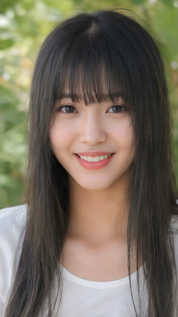 (full upper body centered portrait) of a young adult Asian teen girl with long super straight jet black hair falling down, perfect bangs cut, full red lips, her flawless silver skin is shiny. The picture captures the beauty of a young woman, the lucky girl feel the pure pleasure and she is looking very seductive to viewer, all against a natural backdrop, she is wearing a short thin t-shirt, warm smile with white teeth