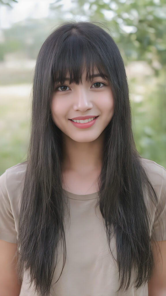 (full upper body centered portrait) of a young adult Asian teen girl with long super straight jet black hair falling down, perfect bangs cut, full red lips, her flawless silver skin is shiny. The picture captures the beauty of a young woman, the lucky girl feel the pure pleasure and she is looking very seductive to viewer, all against a natural backdrop, she is wearing a short thin t-shirt, warm smile with white teeth