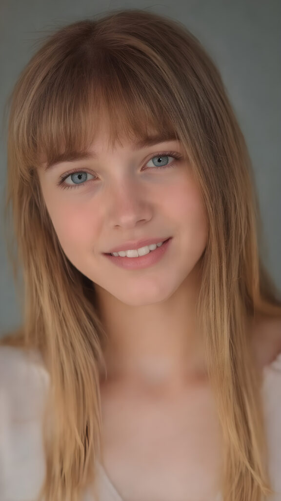 (full upper body centered portrait) of a young adult Exotic teen girl with long super soft straight jet red blond hair falling down, perfect bangs cut, full red lips, her flawless silver skin is shiny. The picture captures the beauty of a young woman, the lucky girl feel the pure pleasure and she is looking very seductive to viewer, all against a grey backdrop, she is wearing a short thin t-shirt, warm smile with white teeth