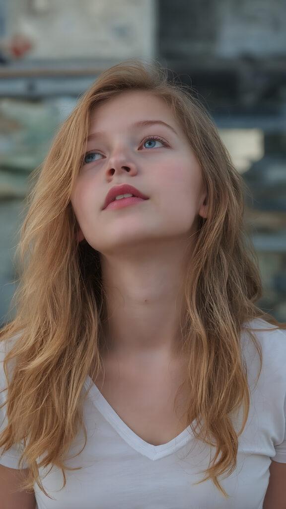 (full upper body side view) of a young teen girl with long wavy red hair falling down her back looking up with slightly open mouth, full red lips, her flawless silver skin is shiny. The picture captures the beauty of a young woman, the girl feel the pure pleasure, the girl wears a short t-shirt with deep v-neck