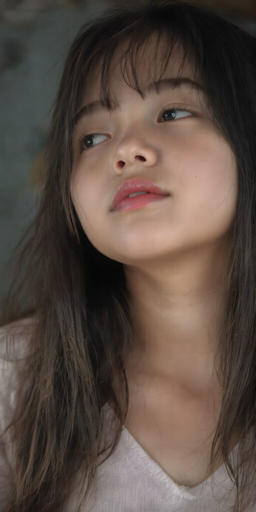 (full upper body side view) of a young girl with long black hair falling down her back looking up with closed eyes and slightly open mouth. Her flawless skin is shiny and wet. The picture captures the beauty of a young woman, the girl feel the pure pleasure, the girl wears a short t-shirt with deep v-neck