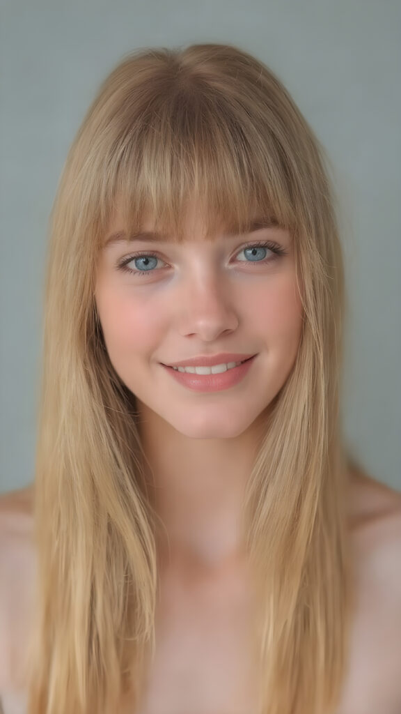 (full upper body centered portrait) of a young adult Exotic teen girl with long super soft straight jet red blond hair falling down, perfect bangs cut, full red lips, her flawless silver skin is shiny. The picture captures the beauty of a young woman, the lucky girl feel the pure pleasure and she is looking very seductive to viewer, all against a grey backdrop, she is wearing a short thin t-shirt, warm smile with white teeth