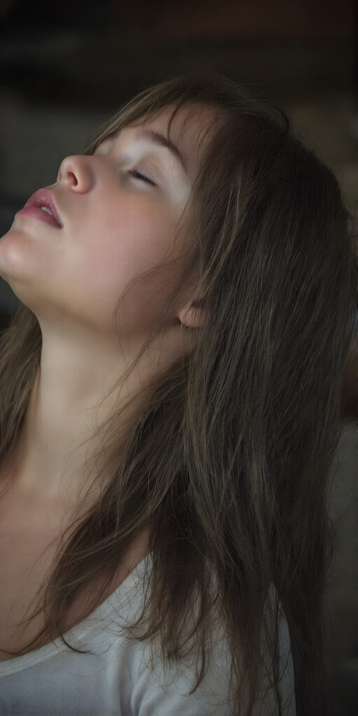 (full upper body side view) of a young girl with long black hair falling down her back looking up with closed eyes and slightly open mouth. Her flawless skin is shiny and wet. The picture captures the beauty of a young woman, the girl feel the pure pleasure, the girl wears a short t-shirt with deep v-neck