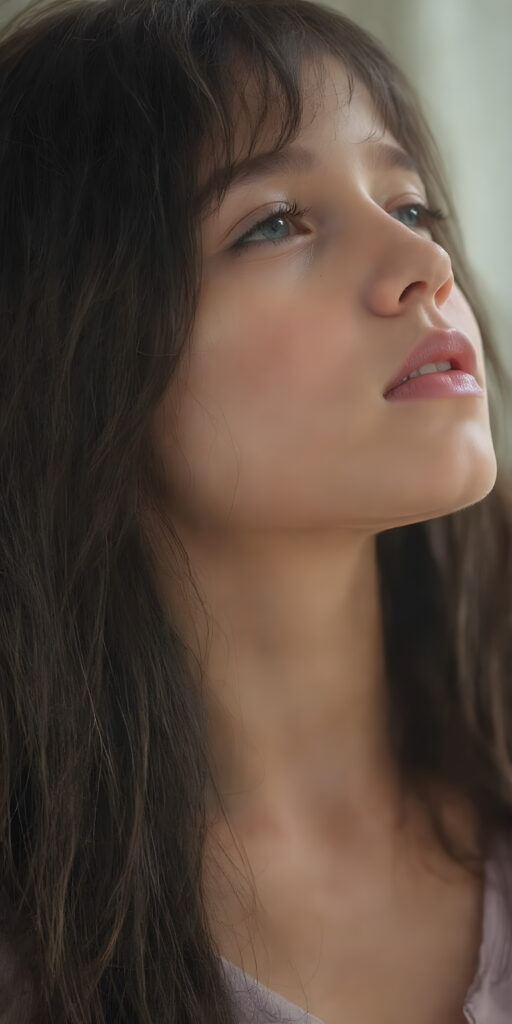(full upper body side view) of a young girl with long black hair falling down her back looking up with closed eyes and slightly open mouth. Her flawless skin is shiny and wet. The picture captures the beauty of a young woman, the girl feel the pure pleasure, the girl wears a short t-shirt with deep v-neck