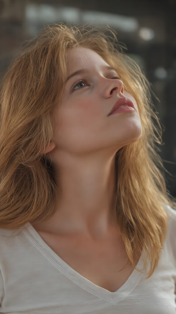 (full upper body side view) of a young teen girl with long wavy red hair falling down her back looking up with slightly open mouth, full red lips, her flawless silver skin is shiny. The picture captures the beauty of a young woman, the girl feel the pure pleasure, the girl wears a short t-shirt with deep v-neck