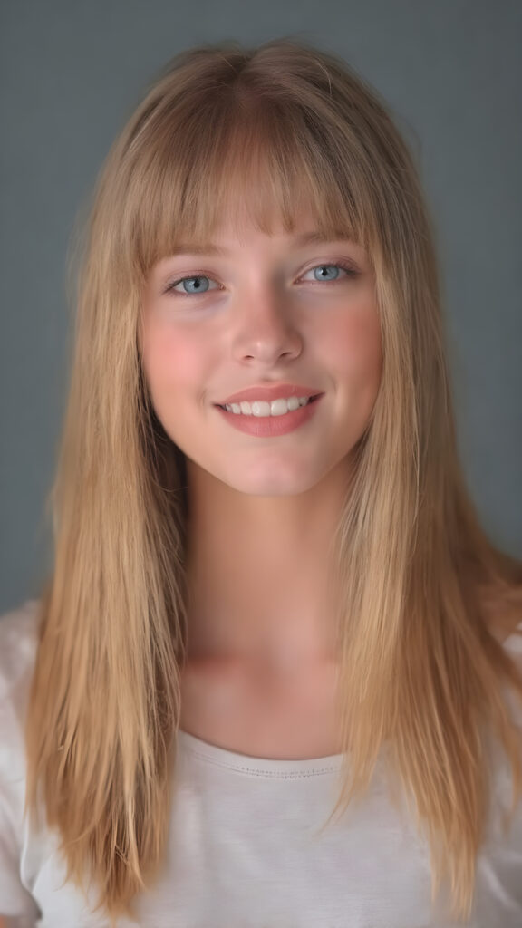(full upper body centered portrait) of a young adult Exotic teen girl with long super soft straight jet red blond hair falling down, perfect bangs cut, full red lips, her flawless silver skin is shiny. The picture captures the beauty of a young woman, the lucky girl feel the pure pleasure and she is looking very seductive to viewer, all against a grey backdrop, she is wearing a short thin t-shirt, warm smile with white teeth