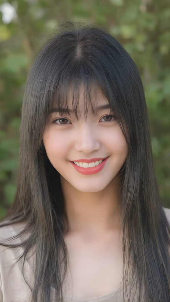 (full upper body centered portrait) of a young adult Asian teen girl with long super straight jet black hair falling down, perfect bangs cut, full red lips, her flawless silver skin is shiny. The picture captures the beauty of a young woman, the lucky girl feel the pure pleasure and she is looking very seductive to viewer, all against a natural backdrop, she is wearing a short thin t-shirt, warm smile with white teeth