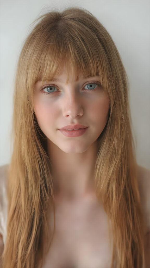 (full upper body centered portrait) of a young adult Exotic teen girl with long super soft straight jet red blond hair falling down, perfect bangs cut, full red lips, her flawless silver skin is shiny. The picture captures the beauty of a young woman, the lucky girl feel the pure pleasure and she is looking very seductive to viewer, all against a grey backdrop, she is wearing a short thin t-shirt, warm smile with white teeth