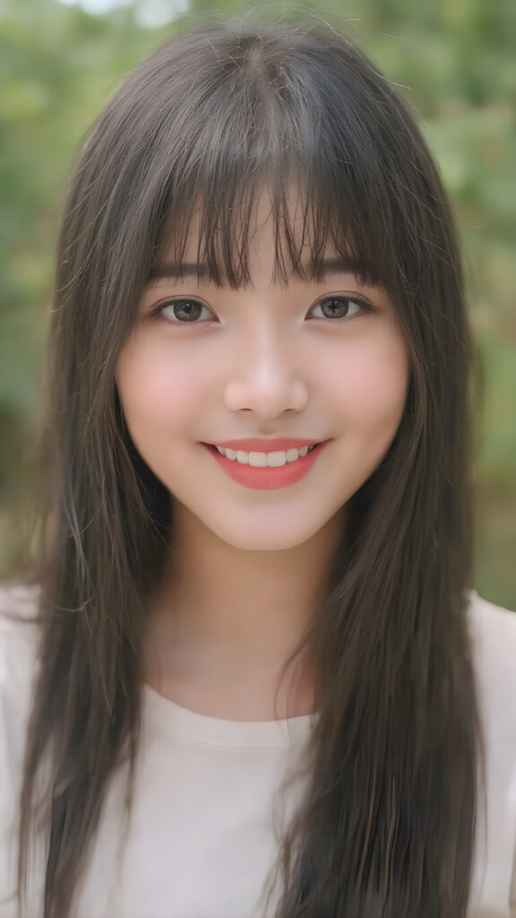 (full upper body centered portrait) of a young adult Asian teen girl with long super straight jet black hair falling down, perfect bangs cut, full red lips, her flawless silver skin is shiny. The picture captures the beauty of a young woman, the lucky girl feel the pure pleasure and she is looking very seductive to viewer, all against a natural backdrop, she is wearing a short thin t-shirt, warm smile with white teeth