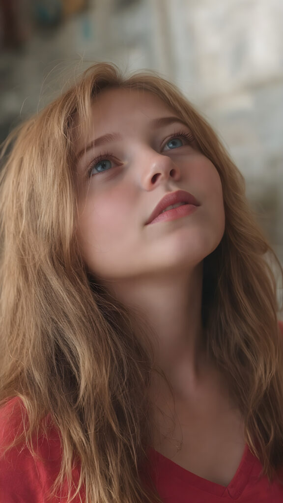 (full upper body side view) of a young teen girl with long wavy red hair falling down her back looking up with slightly open mouth, full red lips, her flawless silver skin is shiny. The picture captures the beauty of a young woman, the girl feel the pure pleasure, the girl wears a short t-shirt with deep v-neck