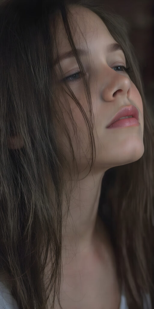 (full upper body side view) of a young girl with long black hair falling down her back looking up with closed eyes and slightly open mouth. Her flawless skin is shiny and wet. The picture captures the beauty of a young woman, the girl feel the pure pleasure, the girl wears a short t-shirt with deep v-neck