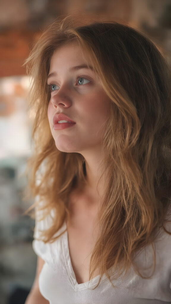 (full upper body side view) of a young teen girl with long wavy red hair falling down her back looking up with slightly open mouth, full red lips, her flawless silver skin is shiny. The picture captures the beauty of a young woman, the girl feel the pure pleasure, the girl wears a short t-shirt with deep v-neck