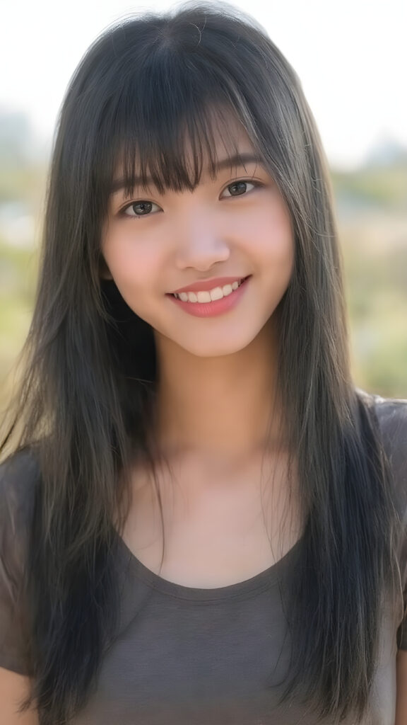 (full upper body centered portrait) of a young adult Asian teen girl with long super straight jet black hair falling down, perfect bangs cut, full red lips, her flawless silver skin is shiny. The picture captures the beauty of a young woman, the lucky girl feel the pure pleasure and she is looking very seductive to viewer, all against a natural backdrop, she is wearing a short thin t-shirt, warm smile with white teeth