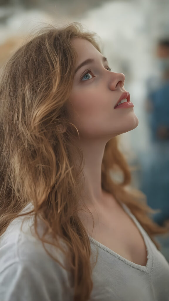 (full upper body side view) of a young teen girl with long wavy red hair falling down her back looking up with slightly open mouth, full red lips, her flawless silver skin is shiny. The picture captures the beauty of a young woman, the girl feel the pure pleasure, the girl wears a short t-shirt with deep v-neck