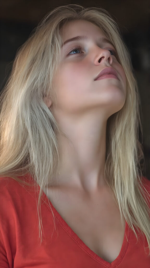 (full upper body side view) of a young teen girl with long white hair falling down her back looking up with closed eyes and slightly open mouth. Her flawless skin is shiny and wet. The picture captures the beauty of a young woman, the girl feel the pure pleasure, the girl wears a short t-shirt with deep v-neck