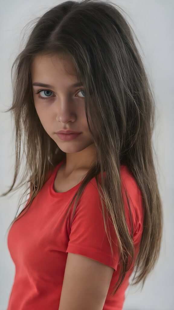 full upper body centered portrait of a provocative teen girl, her long jet hair flows down her back, perfectly cascading into a seductive pose, where the hair softly frames her face. The girl has large, captivating eyes that draw you in. Her expression exudes a youthful confidence and playfulness. The girl is wearing a thin, jet red t-shirt that clings to her body in a in a sensual way, perfectly accentuating her tone legs. The backdrop is a simple, soft grey background, that gives the girl and her features a dramatic, almost ethereal glow