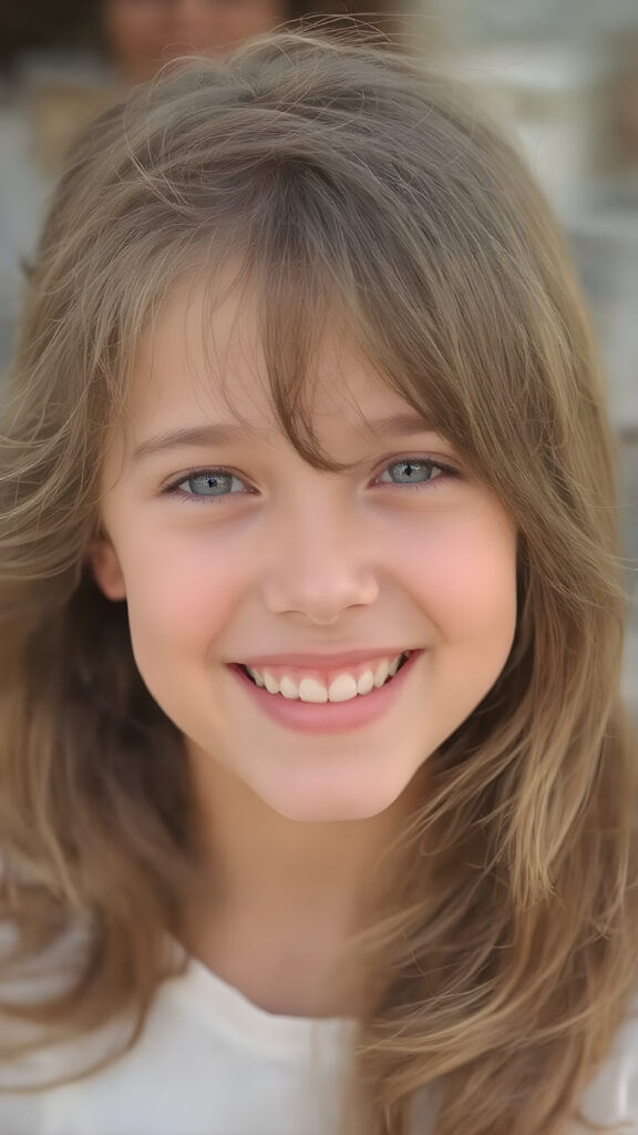 full upper body portrait, a young, beautiful girl, 23 years old, with brown, soft hair enjoys life. She radiates joy. Her eyes shine. She has a wonderful, gentle face.