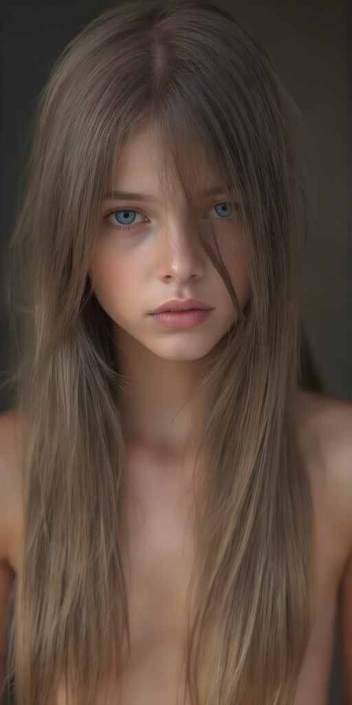 full upper body, a young girl, soft straight very long hair, her hair falls over her upper body and covers her front, ((detailed and realistic)), stunning, gorgeous
